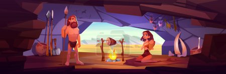 Ancient cave people, prehistoric age human family. Primitive tribe characters, man with spear, woman with baby in cave with fire, cooked meat, bones and weapons, vector cartoon illustration