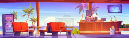 Café interior con vista al mar de playa tropical con palmeras a través de amplios ventanales. Bistró de comida rápida con mesas, asientos, grifos de cerveza, plantas en maceta, visualización electrónica y menú, ilustración de vectores de dibujos animados