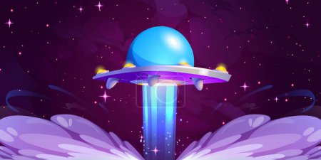 Außerirdisches Raumschiff im Weltraum. Cartoon-Vektor-Illustration von fliegenden Untertassen oder UFO-Raumfahrzeugen, die von der Planetenoberfläche mit weißer Rauchspur starten. Kosmisches Fahrzeug am dunklen Himmel mit funkelnden Sternen
