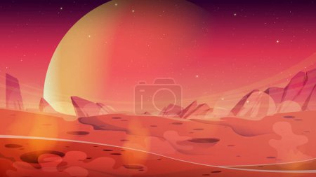 Illustration for Mars landscape with craters and red rocky surface. Cartoon vector illustration of red alien planet, desert area with holes and stones. Orange starry sky background for space computer game ui design - Royalty Free Image