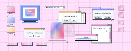 Retro computer interface, digital screen with windows, buttons, message frames. Desktop pc system elements in y2k style, vector cartoon set on pink background