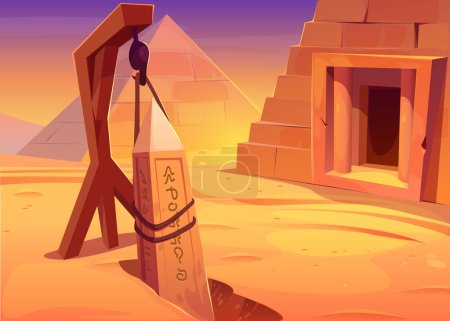 Archeology excavation next to ancient pyramid in desert in Egypt. African landscape with dig, egyptian obelisk hanging on ropes and entrance to pharaoh tomb, vector cartoon illustration