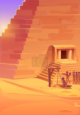 Egipto paisaje con pirámide antigua, sitio de excavación y turistas. Desierto africano con antigua tumba de faraón, arqueólogo en la excavación y guía con el grupo de personas, ilustración de dibujos animados vectoriales
