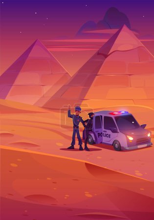 Policeman catch thief in desert in Egypt. African sand desert landscape with pyramids, police car and officer arresting tomb robber in evening, vector cartoon illustration