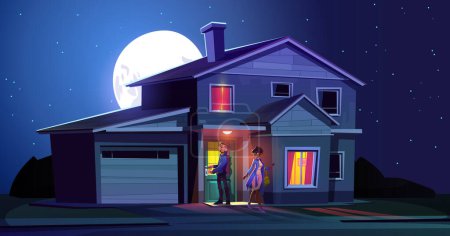 Illustration for Couple leaving home at night. Woman walk from house and man close front door. Landscape with suburb cottage and people go for walk at evening, vector cartoon illustration - Royalty Free Image