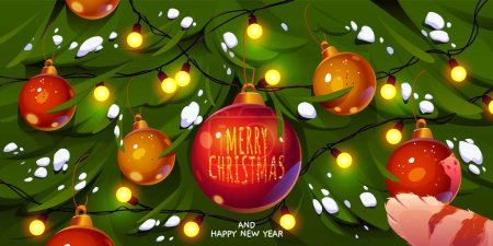 Merry Christmas and Happy New Year greeting card with funny cat paw touching bauble hanging on decorated spruce looking on reflection with cute muzzle. Funny pet character, Cartoon vector illustration
