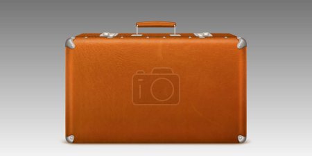 Illustration for Vintage suitcase, briefcase for luggage in travel and trip. Closed retro valise from brown leather with handle and locks isolated on background, vector realistic illustration side view - Royalty Free Image