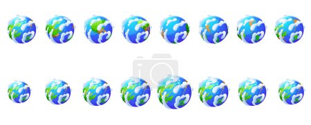 Téléchargez les illustrations : Rotation du globe terrestre. Icônes du monde, planète de points de vue différents. Planète verte et bleue avec des nuages blancs tournant ensemble isolé sur fond, illustration vectorielle de dessin animé - en licence libre de droit