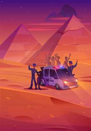 Téléchargez les illustrations : Un policier attrape un voleur dans le désert égyptien. Paysage du désert de sable africain avec pyramides, voiture de police et policier arrêtant voleur de tombes dans la soirée, illustration vectorielle de dessin animé - en licence libre de droit