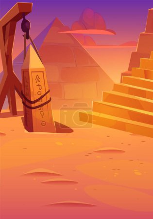Ilustración de Excavación arqueológica junto a la antigua pirámide en el desierto de Egipto. Paisaje africano con excavación, obelisco egipcio colgado de cuerdas y tumba de faraón, ilustración de dibujos animados vectoriales - Imagen libre de derechos