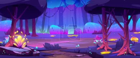 Illustration for Glade in magic forest at night. Fantastic woods landscape with trees, mushrooms, flowers and grass in mystic purple light, path and stones, vector cartoon illustration - Royalty Free Image