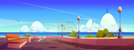 Terraplén de la ciudad en temporada de verano. Ilustración vectorial de dibujos animados del paseo marítimo con bancos, lámparas, plantas verdes, aves volando en el cielo azul brillante con nubes blancas esponjosas. Diseño de fondo del juego