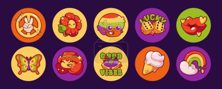 Illustration for Retro groovy icons with hippie characters, flower, butterfly, rainbow, ice cream, peace sign and dices. Vintage circle stickers with funky symbols, vector set in contemporary style - Royalty Free Image