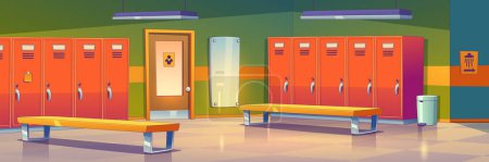 Illustration for Empty dressing room background with individual metal lockers, benches, mirror and shower sign on wall. Contemporary vector illustration of space for changing clothes at school, sports gym or hospital - Royalty Free Image
