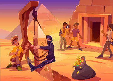 El ladrón huye de la pirámide y choca contra un antiguo obelisco. Paisaje desierto egipcio con tumba de faraón, turistas, arqueólogo y personaje con joyas robadas, ilustración de dibujos animados vectoriales