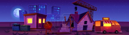 Illustration for House construction site against night cityscape background. Suburb development. Cartoon vector illustration of brick building with roof, pile of bricks, workers cottage, concrete mixer, crane food van - Royalty Free Image