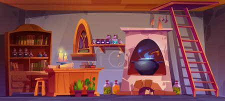 Alchemist, witch or wizard room with books, potions, candles and cauldron in stove. Magician laboratory or alchemy shop interior with flasks and bottles on shelves, vector cartoon illustration