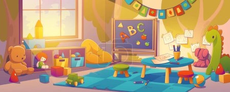 Bunte Kinderzimmer-Einrichtung. Zeitgenössische Vektorillustration des Kinderzimmers mit Puppen, Teddybär, Blöcken, Spielzeugauto auf dem Boden, Bleistiften und Papier auf dem Tisch. Vorschulbildung