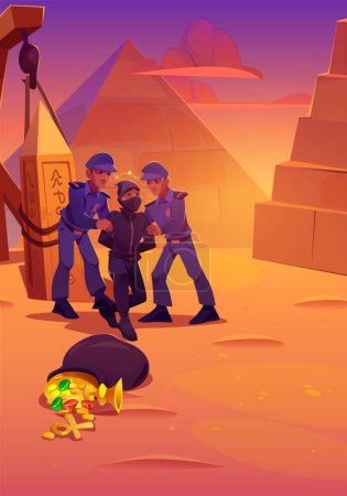 La policía detiene a ladrón de tumbas atrapado con un saco lleno de tesoros en el desierto egipcio. Ilustración vectorial de dibujos animados de policías atrapando delincuentes masculinos en ropa negra, paisaje desértico con pirámides antiguas