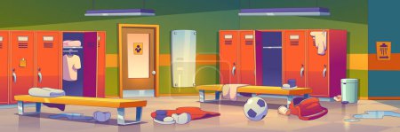 Illustration for Messy locker room with clutter, soccer ball, clothes, shoes, bag, trash and water on floor. School gym dressing room interior with lockers, benches, mirror, vector illustration in contemporary style - Royalty Free Image