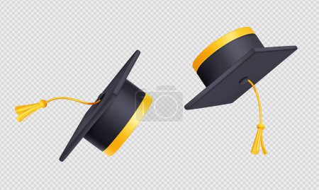 Illustration for Throw up graduation caps in air. Flying black academic hats with yellow rope tassel isolated on transparent background, 3d vector illustration, angle view - Royalty Free Image