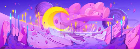 Téléchargez les illustrations : Fantaisie planète rose surface. Illustration vectorielle de dessin animé du paysage spatial magique avec route et plantes, lune jaune, étoiles fantastiques, nuages pelucheux à l'horizon. Rêve galaxie jeu fond design - en licence libre de droit