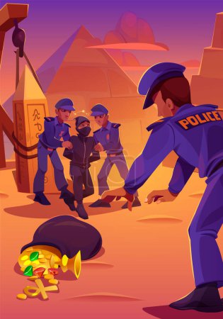 Illustration for Police arrest trapped tomb robber with sack full of treasures in Egyptian desert. Cartoon vector illustration of cops catching male criminal on black clothes, desert landscape with ancient pyramids - Royalty Free Image