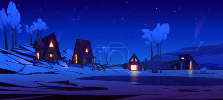 Téléchargez les illustrations : Winter mountain night landscape with chalet houses, snow, frozen lake and trees. Small wooden cottages with yellow light in windows in alpine village or ski resort, vector cartoon illustration - en licence libre de droit