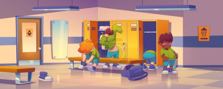 Illustration for School gym locker room with kids changing sport uniform. Male dressing room interior with lockers, benches, mirror and boys, vector illustration in contemporary style - Royalty Free Image
