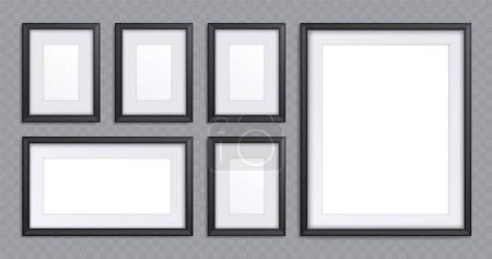Illustration for Black frames collage isolated on transparent background. Realistic vector illustration of elements for gallery or room interior design, rectangular picture photo templates of different size Home decor - Royalty Free Image