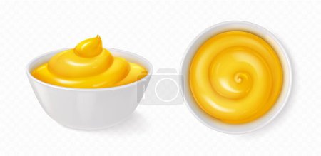Illustration for Realistic white bowl with dijon mustard or sweet honey isolated on transparent background. Vector illustration set of side and top view porcelain dish with spicy souce for dipping fast food snacks - Royalty Free Image