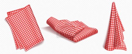 Téléchargez les illustrations : Set of red checkered towels folded, hanging and top view isolated on white background. Realistic vector illustration of napkin, cozy kitchen interior design element, home textile for domestic use - en licence libre de droit