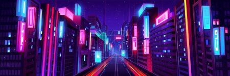 Ilustración de City street with houses and buildings with glowing windows at night, perspective view. Cityscape with road, houses, store and skyscrapers with neon signboards, vector panoramic cartoon illustration - Imagen libre de derechos