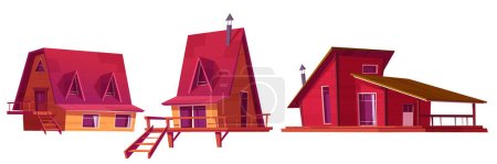 Illustration for Winter houses, wooden chalet for mountain village or alpine ski resort. Small cottages with chimney, porch and stairs isolated on white background, vector cartoon illustration - Royalty Free Image