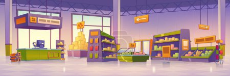 Téléchargez les illustrations : Supermarket store interior design. Contemporary vector illustration of modern shopping mall with food, beverages on shelves and in fridges, arrow signs, checkout. Retail sale business. Game background - en licence libre de droit