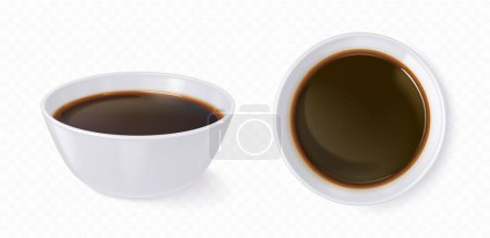 Illustration for Realistic white bowl with soy sauce or balsamic vinegar isolated on transparent background. Vector illustration set of side and top view porcelain dish with Chinese cuisine condiment, salty seasoning - Royalty Free Image