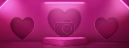 Illustration for Pink heart shape podium illuminated with neon linear lamps. Realistic vector illustration of pedestal. Romantic Valentine Day decoration. Platform for cosmetics, gift, jewelry products showcase - Royalty Free Image