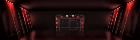 Illustration for Dark hall with closed metal door and neon red lamp illumination. Realistic vector illustration of secret laboratory, alien spacecraft, bomb shelter interior with sliding doorway. Futuristic building - Royalty Free Image