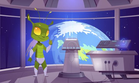 Illustration for Cartoon alien on board of spacecraft approaching Earth. Vector illustration of funny green humanoid creature waving hello inside UFO with futuristic technology equipment. Space invasion game design - Royalty Free Image