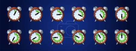 Ilustración de Iconos del juego del reloj, hoja de sprite animación del tiempo. Reloj despertador con marco de secuencia de flechas móviles. Relojes elementos de diseño gráfico para aplicación, temporizador, proceso de carga, conjunto de iconos vectoriales aislados de dibujos animados - Imagen libre de derechos