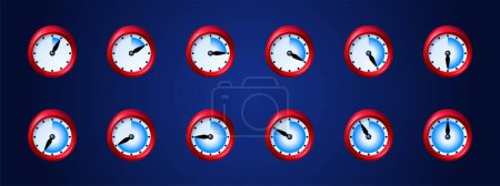 Ilustración de Clock game icons, time animation sprite sheet. Red clock with moving arrows sequence frame. Watches graphic design elements for application, timer, loading process, Cartoon isolated vector icons set - Imagen libre de derechos
