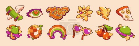 Téléchargez les illustrations : Retro groovy stickers with rainbow, planet, sun character, disco ball, mushroom and skateboard. Psychedelic rave icons with love symbol, cherry, pizza and glasses, vector set in contemporary style - en licence libre de droit