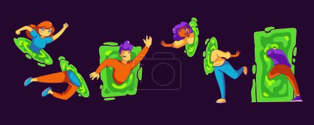 Téléchargez les illustrations : People go through portals or teleport. Concept of travel in time and space dimension, quantum leap with man and woman in abstract green frame, vector futuristic illustration in contemporary style - en licence libre de droit