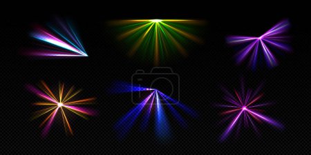 Téléchargez les illustrations : Bright light beams, laser rays, neon glow effect. Abstract flares, color flashes of disco ball, party lights with rays isolated on transparent background, vector realistic set - en licence libre de droit