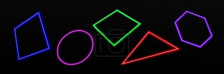 Téléchargez les illustrations : Neon light frames, glowing line borders square, circle, triangle and hexagon shapes in perspective view. Abstract light frames isolated on transparent background, vector realistic set - en licence libre de droit