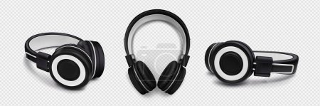 Illustration for Headphones for listen music, stereo sound, audio. Dj headset, modern black and white wireless earphones in top, side and angle view, vector realistic set isolated on transparent background - Royalty Free Image