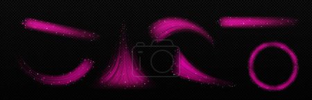 Illustration for Pink wind waves, fresh air flow effect. Abstract light trails with sparkles, pink smoke blows isolated on transparent background, vector realistic illustration - Royalty Free Image