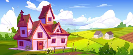 Summer countryside with house, farm buildings, green field under blue sky with white clouds. Vector cartoon illustration of rural landscape, farmland with flowering bushes