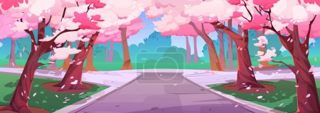 Ilustración de City park with many pink sakura trees. Cartoon vector illustration of public garden with blooming cherry blossoms, green grass and alleys for walking, relax and recreation. Beautiful natural landscape - Imagen libre de derechos