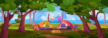 Summer camping scene with tents, mountains and lake. Cartoon vector illustration of beautiful natural landscape, tourist equipment in forest on river bank. Family weekend travel. Trip on vacation